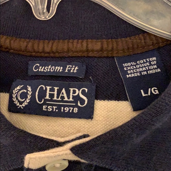 CHAPS Navy & Beige Striped Polo Shirt, Size Large - Picture 2 of 2
